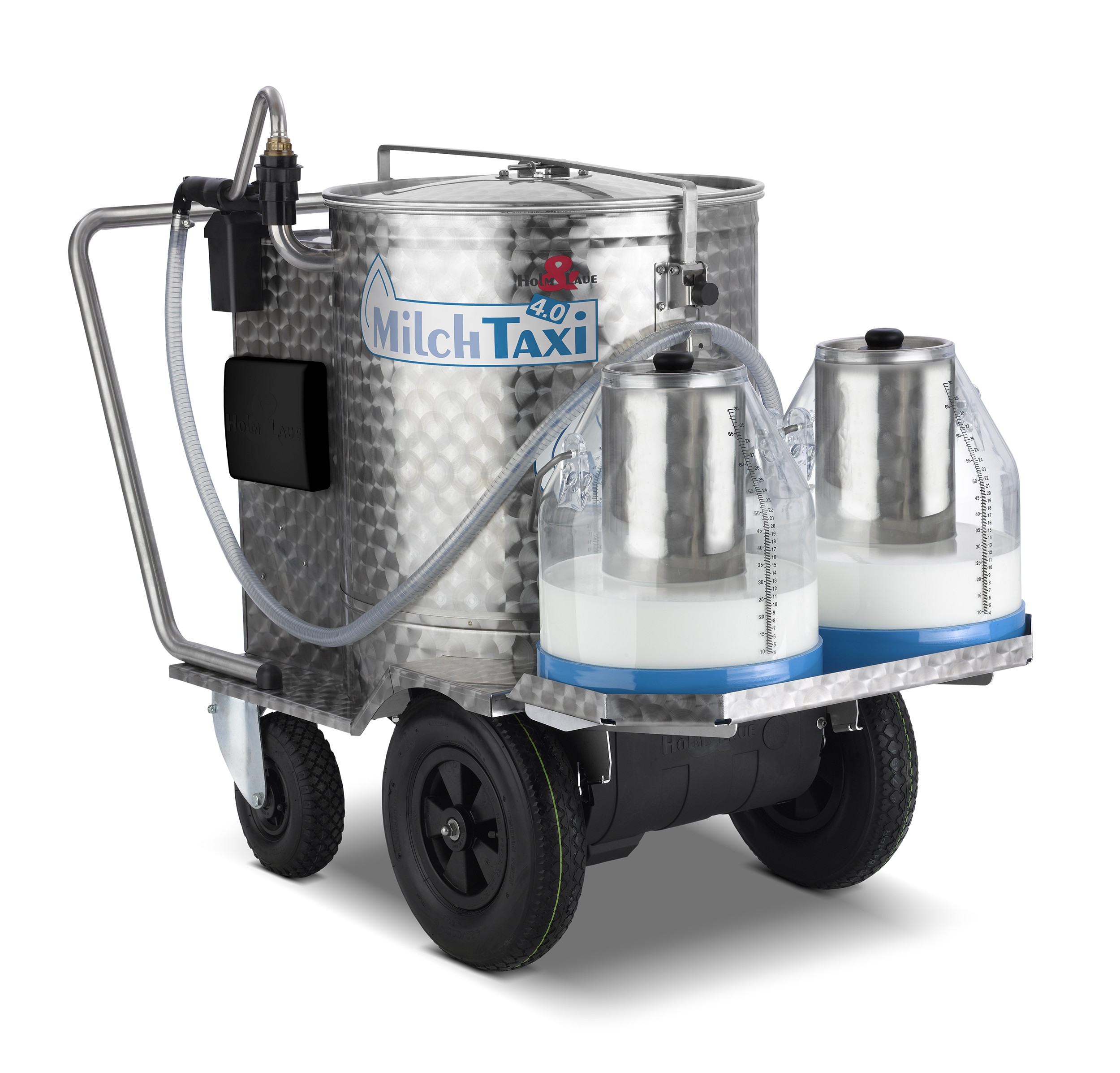 MilkTaxi with antenna and milk churn holder frame including two milk churns