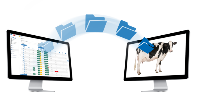 This image shows two monitors illustrating transfer of data from one management application to another.