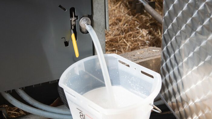 这张细节图展示了 HygieneStation 卫生饲喂站上的牛奶分流阀。