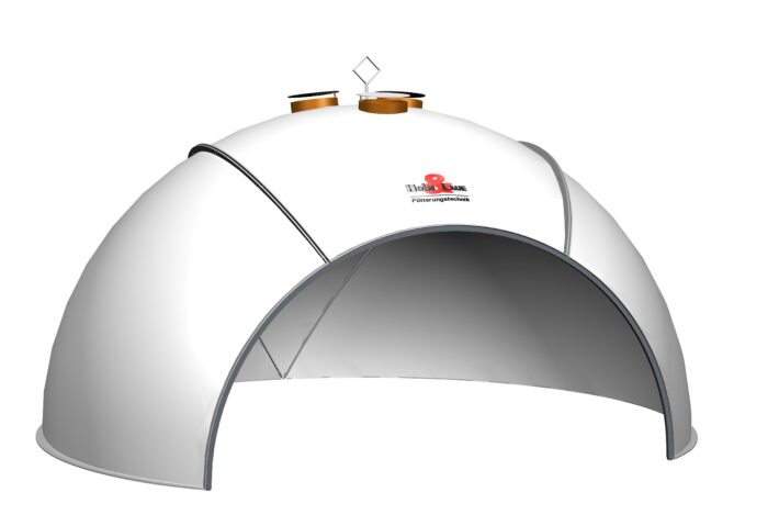 The picture shows a Holm & Laue igloo including front loader mounting and outlet vents.