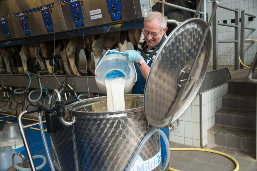 Man giet melk uit emmer in een MelkTaxi