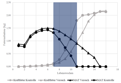 Twee curves tonen het kunstmelkverbruik en twee curves tonen het krachtvoer-verbruik, een blauwe zone toont de speenfase van de gecontroleerde groep