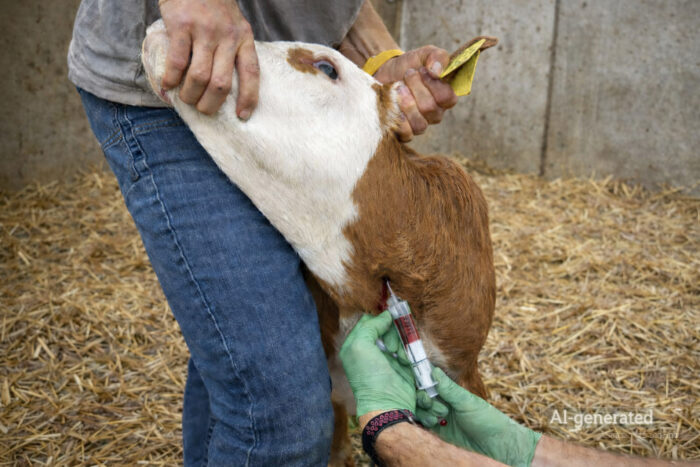 Twee personen nemen een bloedmonster bij een kalf