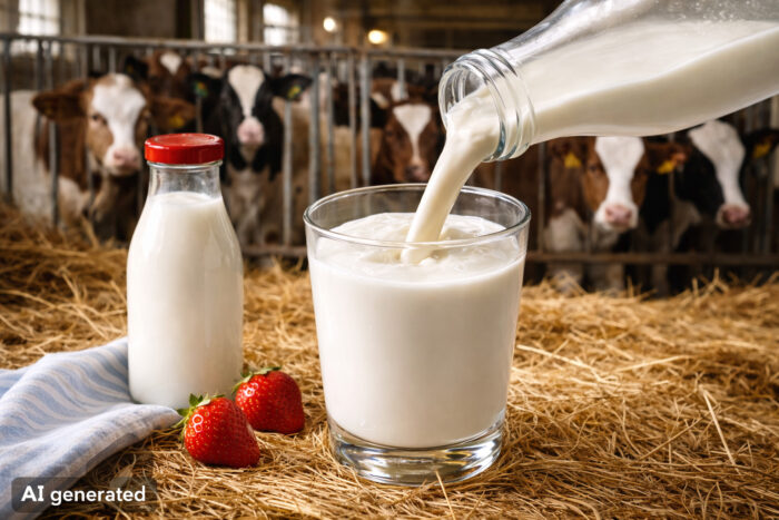 Een glas melk vóór een groep kalveren